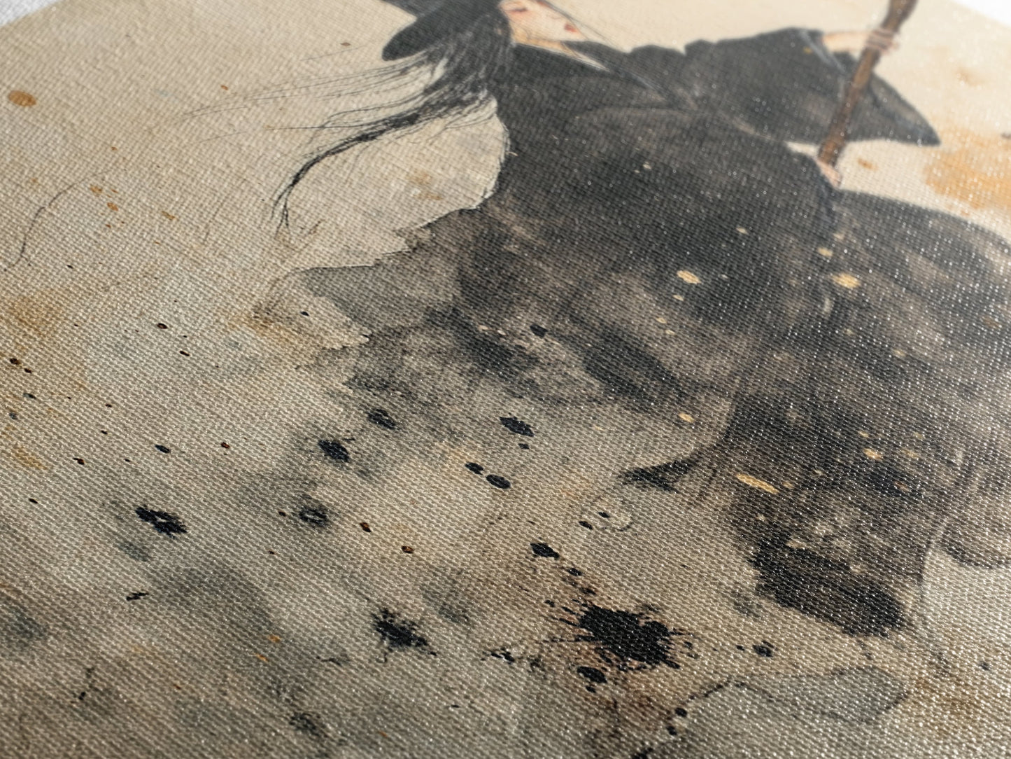 Wabi Sabi Witch Rides Her Broom - Framed Canvas Print - Witch Painting - Witchy Wall Art - Witch Decor