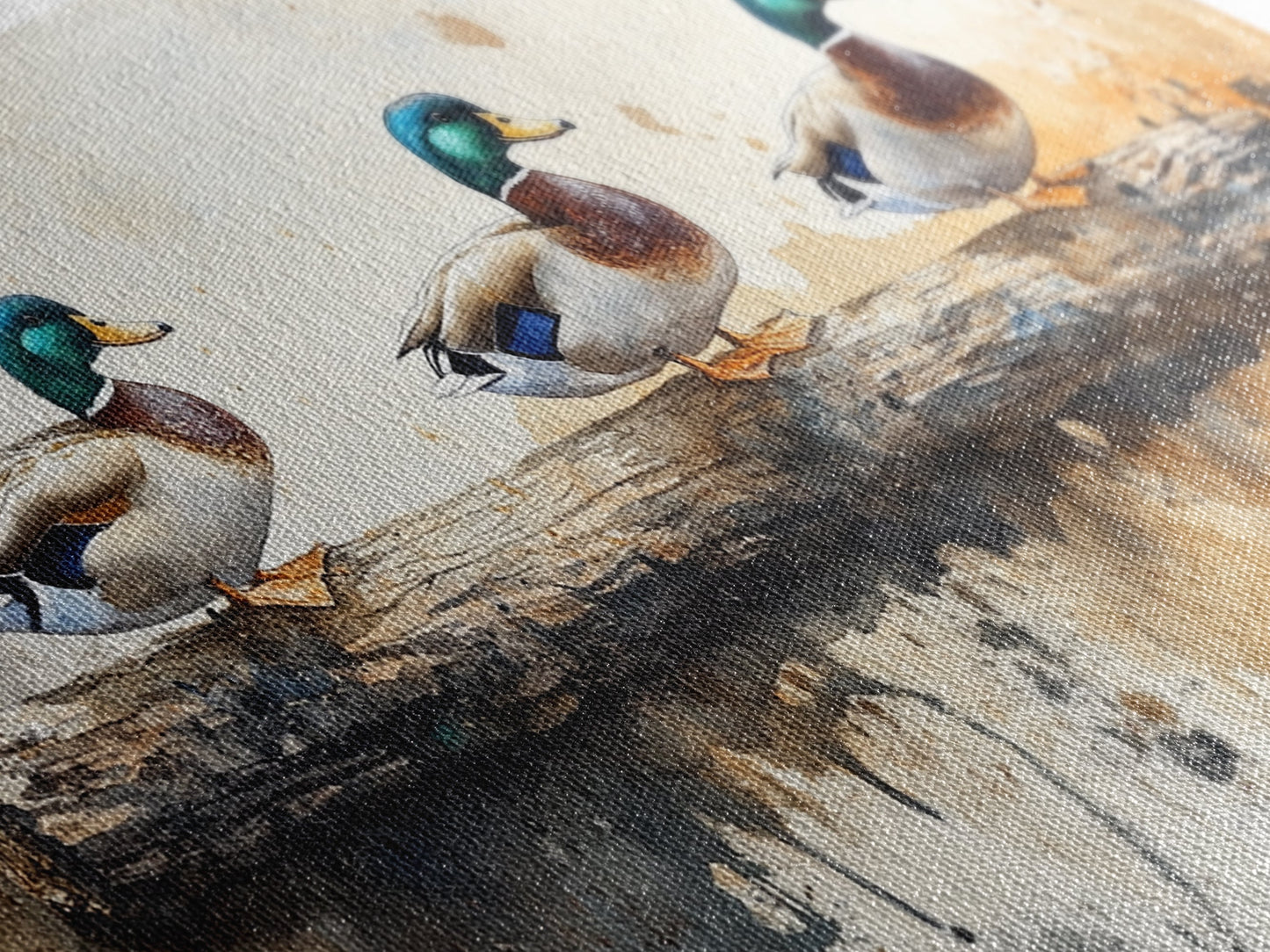 Rustic Duck Painting Canvas Print, 3 Ducks On A Log, Framed Canvas Nature Painting, Landscape Painting, Nature Art, Meadow Painting Cabin Art