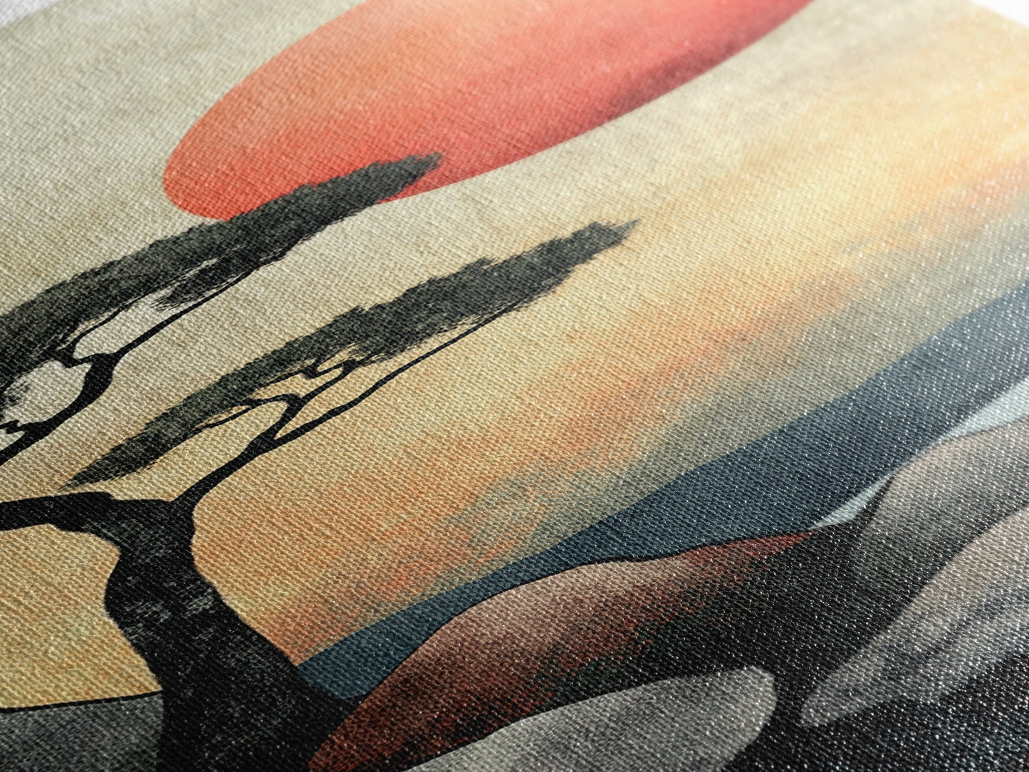 Japanese Landscape with Sunset Canvas Print, Red Sun Over Mountains, Minimalist Nature Art, Coastal Wall Art, Framed Canvas Print, Boho Decor