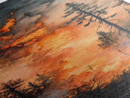 Fiery Forest Flames Canvas Print – Dark Moody Art, Forest Fire Scene, Dramatic Wall Art, Wabi Sabi Wall Art, Above Bed Decor, Rustic Wall Art