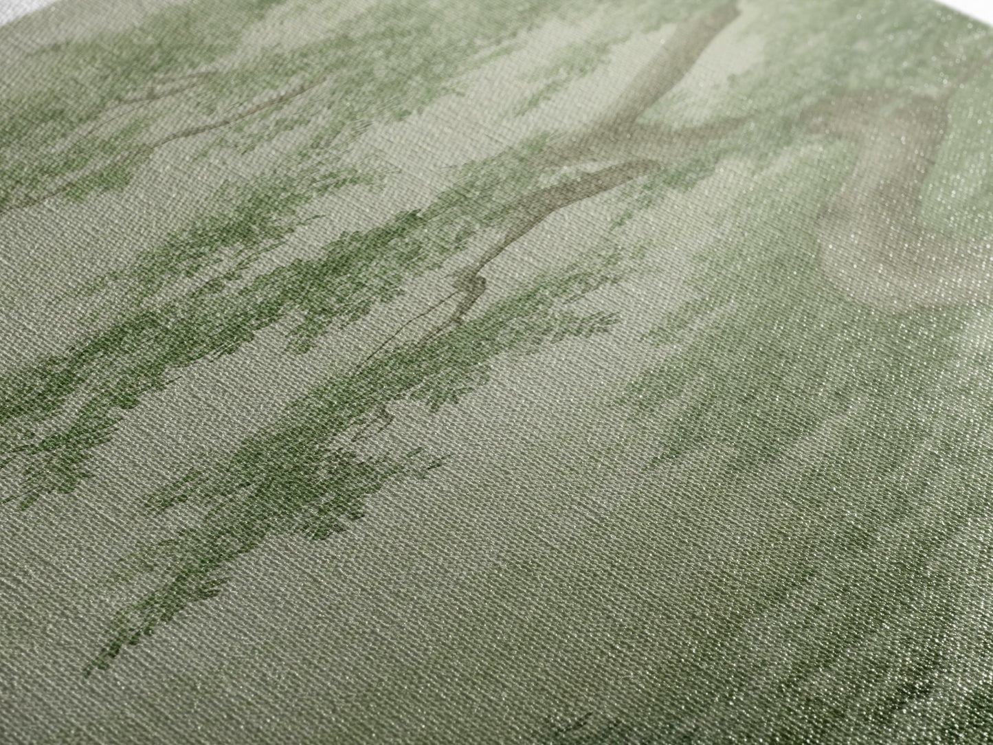 Misty Green Botanical Scene - Framed Canvas Print Showcasing Wabi Sabi Art Style with Tranquil Tree Landscape