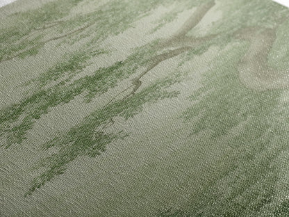 Misty Green Botanical Scene - Framed Canvas Print Showcasing Wabi Sabi Art Style with Tranquil Tree Landscape