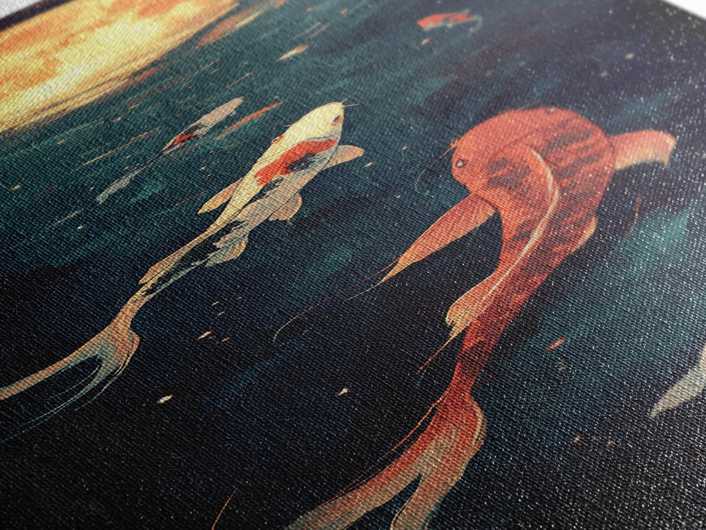 Koi Fish Under a Full Moon, Framed Canvas Print, Wabi Sabi Home Decor, Funky Boho Wall Art, Tall Skinny Art, Narrow Tall Wall Art