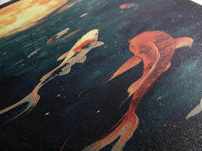 Koi Fish Under a Full Moon, Framed Canvas Print, Wabi Sabi Home Decor, Funky Boho Wall Art, Tall Skinny Art, Narrow Tall Wall Art