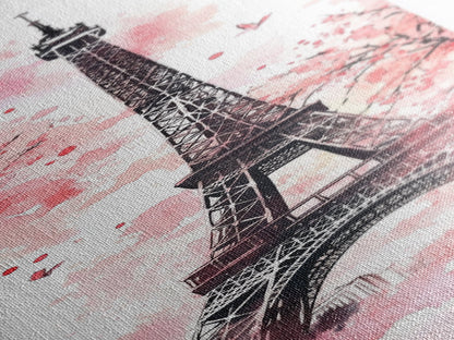 Eiffel Tower Wall Art Framed Canvas Print, Cherry Blossom Painting Vertical Paris Decor, Pink Dorm Art, French Travel-Inspired Gift