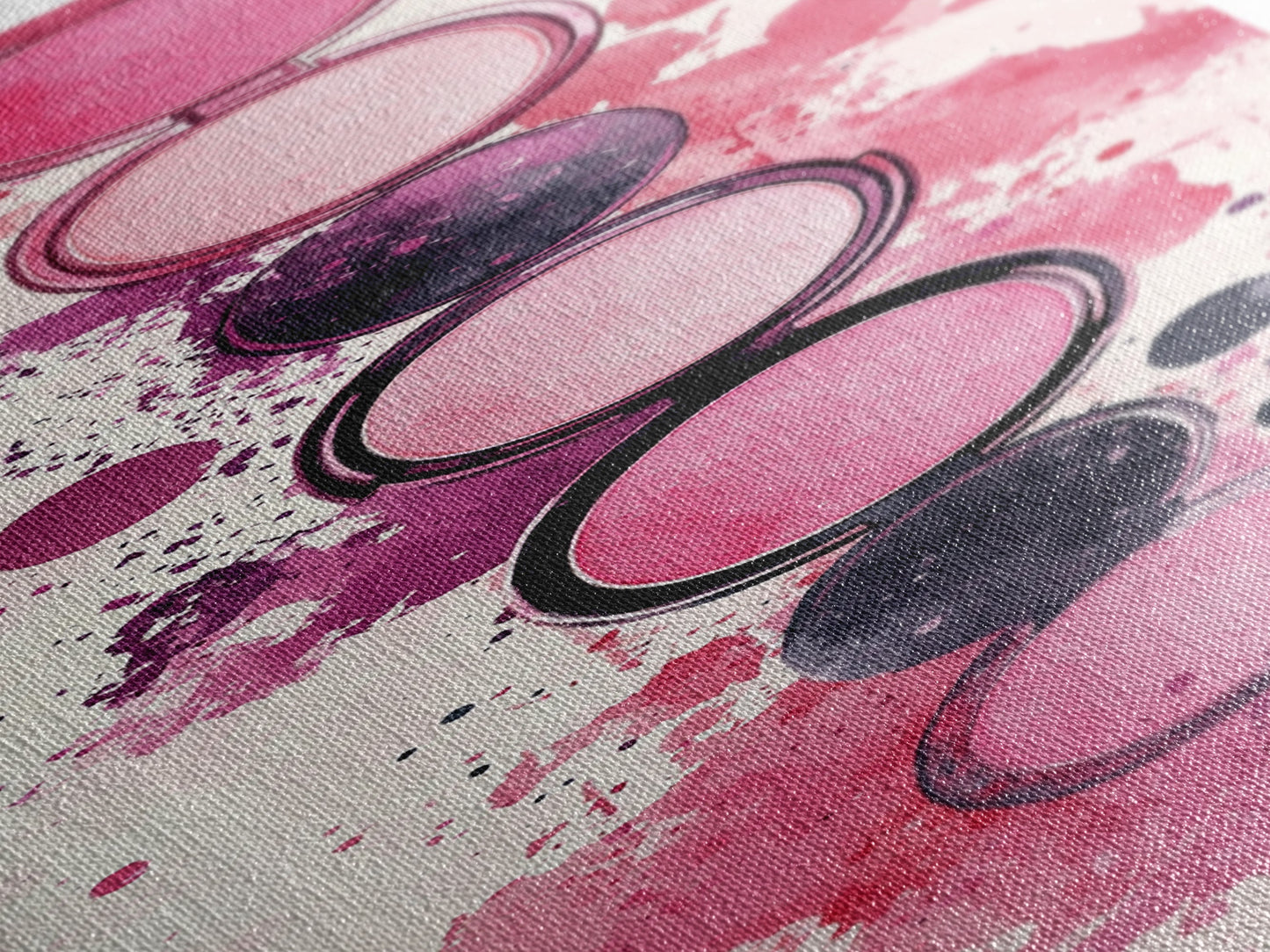 Makeup Palette Canvas Print, modern pink abstract art with splatter design, bold vertical wall art, unique wabi sabi minimalist print.