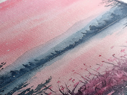 Moonlit Pink Forest Canvas Print, Moody Mountain Landscape Painting, Wildflower Rustic Vertical Wall Art, Cozy Living Room Decor