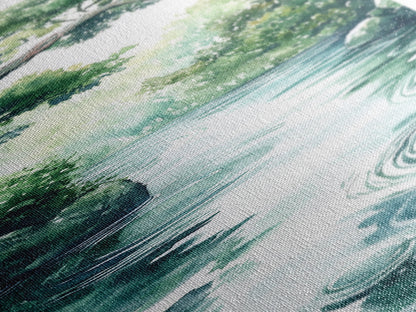 Serene Forest Stream Framed Canvas Print Coastal Landscape Art Green Wall Art Rustic Decor Vertical Art Guest Room Wall Decor