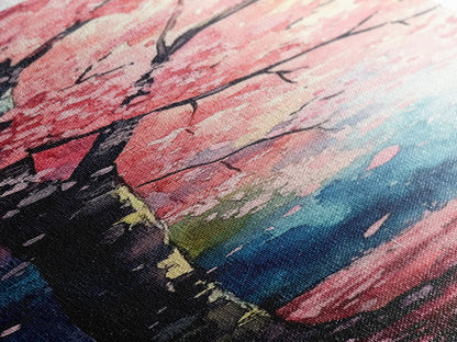 Cherry Blossom Tree Framed Canvas Print, Moody Pink Wall Art, Japanese Botanical Artwork, Vertical Minimalist Decor, Gift Idea