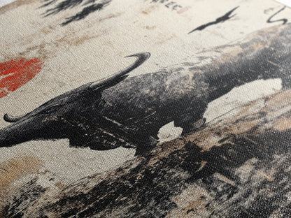 Rustic Buffalo Art Canvas Print, Wabi Sabi Minimalist Decor, Red Sun Vertical Art, Farmhouse Living Room Rustic Wall Artwork