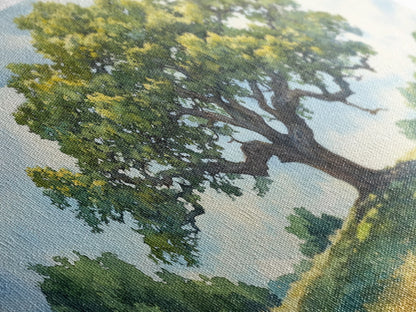 Sprawling Oak Tree Canvas Print Rustic Wall Art Panoramic Painting Nature Scene Bedroom Decor Horizontal Artwork Farmhouse Wall Art