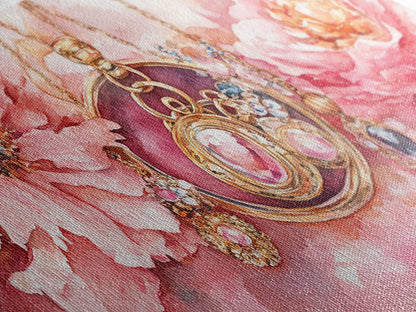 Leinwanddruck mit rosafarbenem Edelsteinschmuck, feminin-elegantes Kunstwerk, glamouröses Rosenbild, Wanddekoration fürs Wohnzimmer, einzigartiges Deko-Geschenk