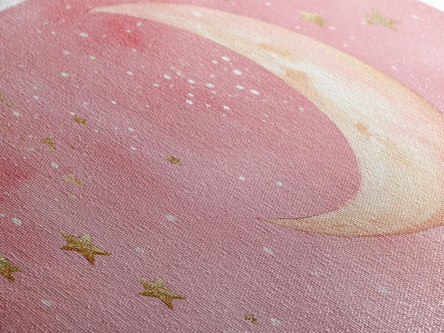 Golden Crescent Moon Canvas Print, Light Pink Wall Art, Whimsical Celestial Art, Bedroom or Dorm Decor, Christmas Gift Idea