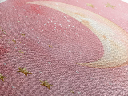 Golden Crescent Moon Canvas Print, Light Pink Wall Art, Whimsical Celestial Art, Bedroom or Dorm Decor, Christmas Gift Idea