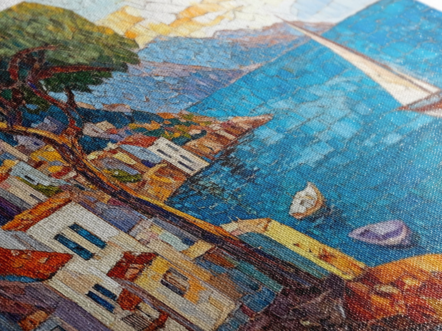 Coastal Sailboat Scene Mosaic Canvas Print - Nautical Decor Seascape Painting - Rustic Fall Wall Art Above Sofa Coastal Home Art