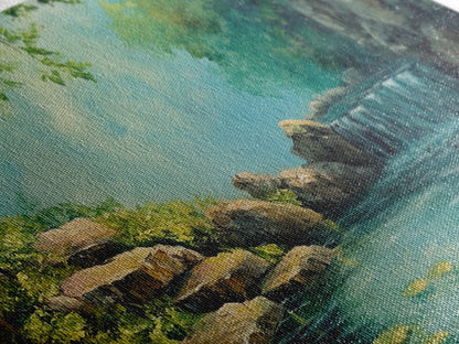 Ruhiges Wasserfall-Landschaftsbild, gerahmter Leinwanddruck, rustikale Wohnzimmerdekoration, friedliche Naturszene, Wandbild im Landhausstil