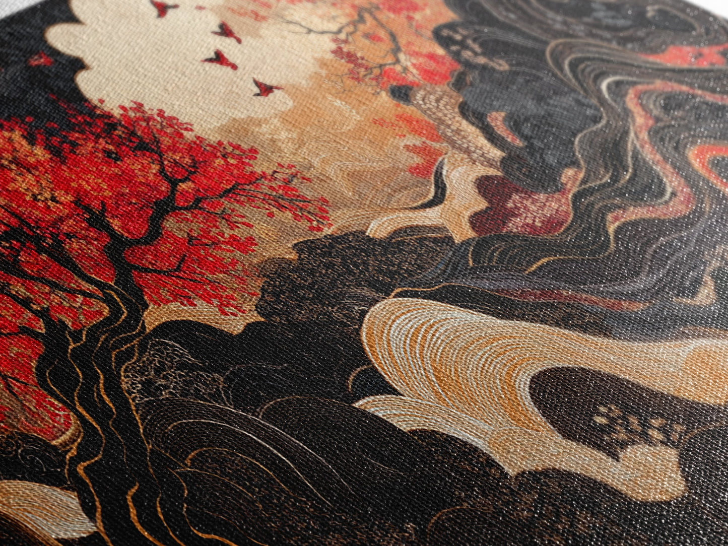 Japanese Inspired Framed Canvas Print Featuring Chinoiserie Wall Art and Autumn Tree Painting Unique Horizontal Living Room Art