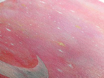 Crescent Moon Painting Canvas Print with Whimsical Starry Sky, Pink Wall Art for Living Room or Guest Room, Dreamy Decor