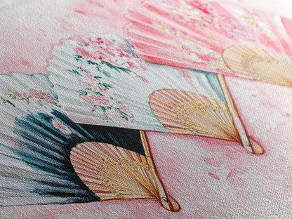 Floral Hand Fan Art Framed Canvas Print Chinoiserie Pink Wall Art Botanical Prints Horizontal Bedroom Living Room Décor Gift Idea