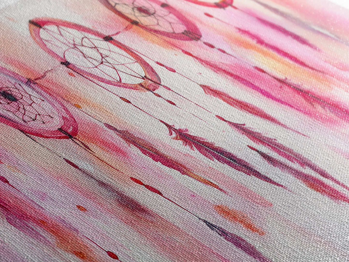 Dreamcatcher Canvas Print, Pink Orange Wall Art with Whimsical Artistic Feathers, Boho Art Idea for Living Room or Above Couch