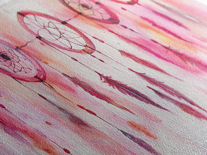 Dreamcatcher Canvas Print, Pink Orange Wall Art with Whimsical Artistic Feathers, Boho Art Idea for Living Room or Above Couch