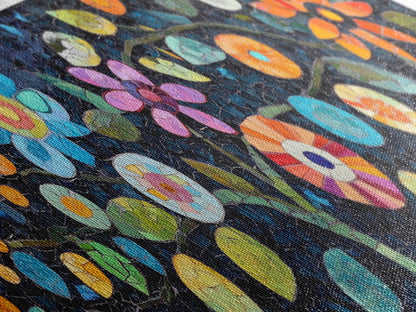 Mosaic Wall Art Wildflower Painting Framed Canvas Print, Botanical Print Horizontal Artwork, Whimsical Art Piece Above Sofa Decor