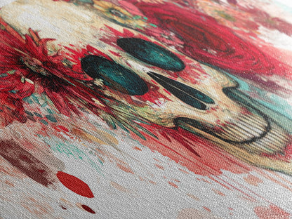 Vibrant Skull Art Framed Canvas Print, Dark Angels Wall Art with Floral Design, Skull and Rose Painting, Gothic Floral Home Decor, Boho Wall Art