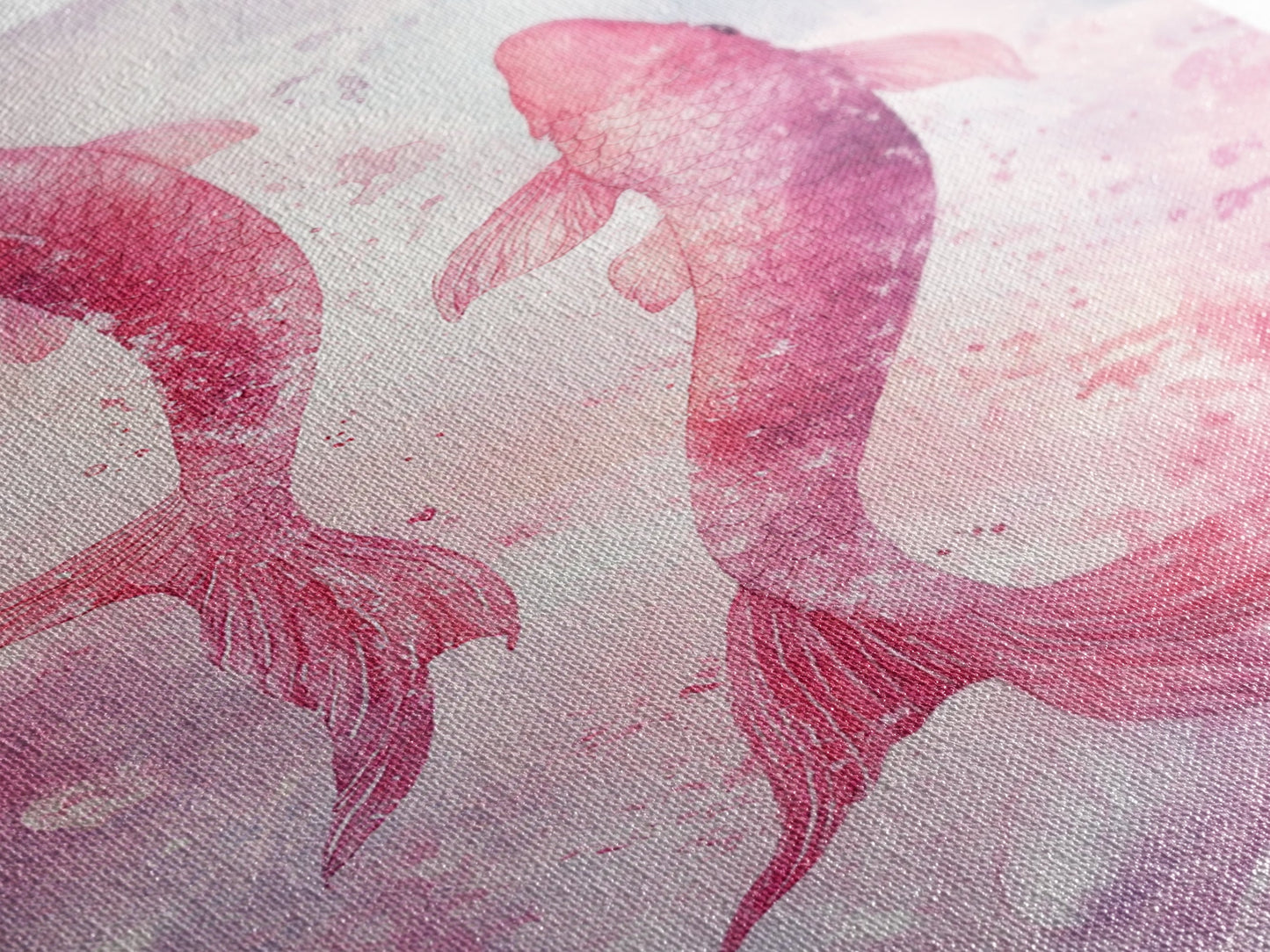 Watercolor koi fish painting in vibrant pink tones, perfect bedroom decor, framed canvas print, whimsical art above bed wall art