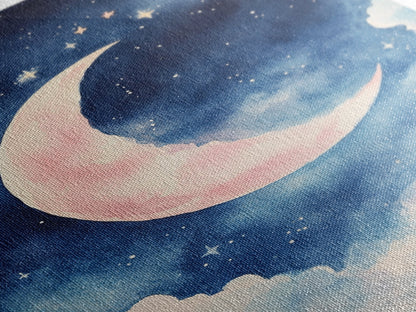 Crescent Moon Painting Canvas Print Bedroom Art Moody Night Sky Painting Above Bed Wall Art Whimsical Art Gift Idea Light Decor