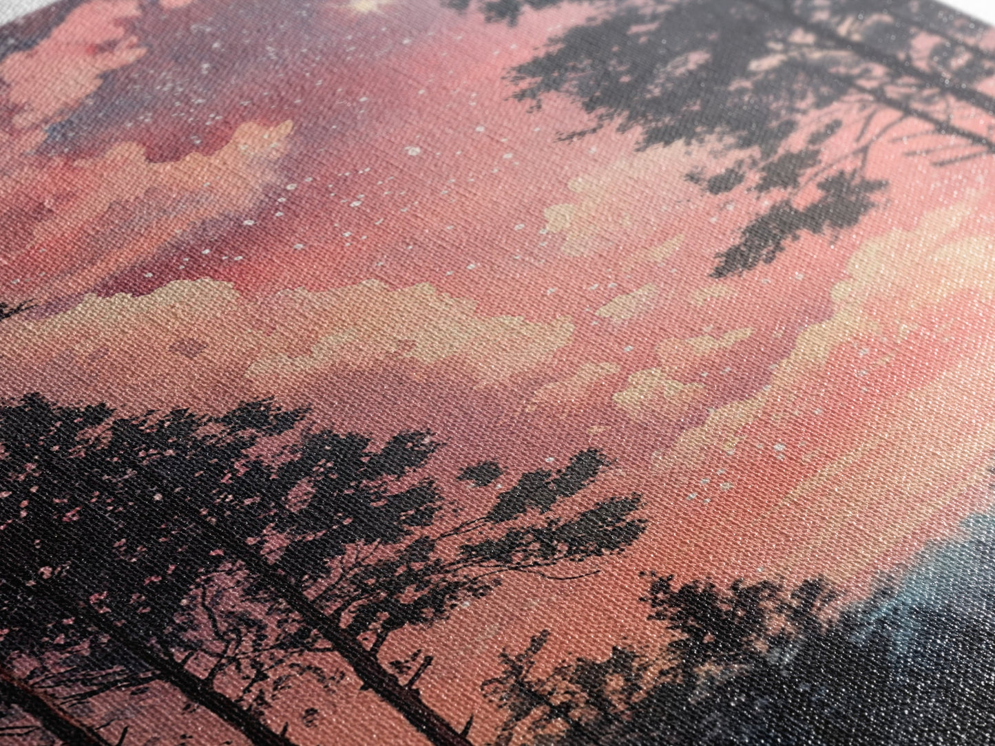 Starry forest scene painting on framed canvas print, forest at dusk painting, smoky mountain art, wabi sabi art, above couch decor