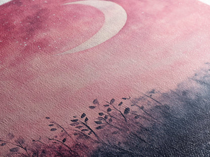 Crescent moon painting on framed canvas print, moody art, pink abstract art, cherry blossom painting, vertical wall art decor