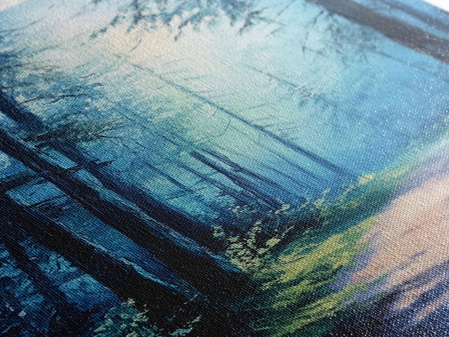 Enchanting Forest Canvas Print, Moody Blue Landscape Painting with Pine Tree Art, Above Sofa Rustic Wall Artwork