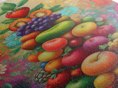 Fruit Pyramid Canvas Print with Whimsical Still Life Art, Vibrant Food Review Wall Art, Rustic Farmhouse Decor for Kitchen or Dining Area