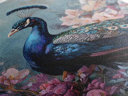 Graceful Peacock Floral Framed Canvas Print | Botanical Bird Art | Chinoiserie Wall Decor | Elegant Tropical Painting | Home Accent