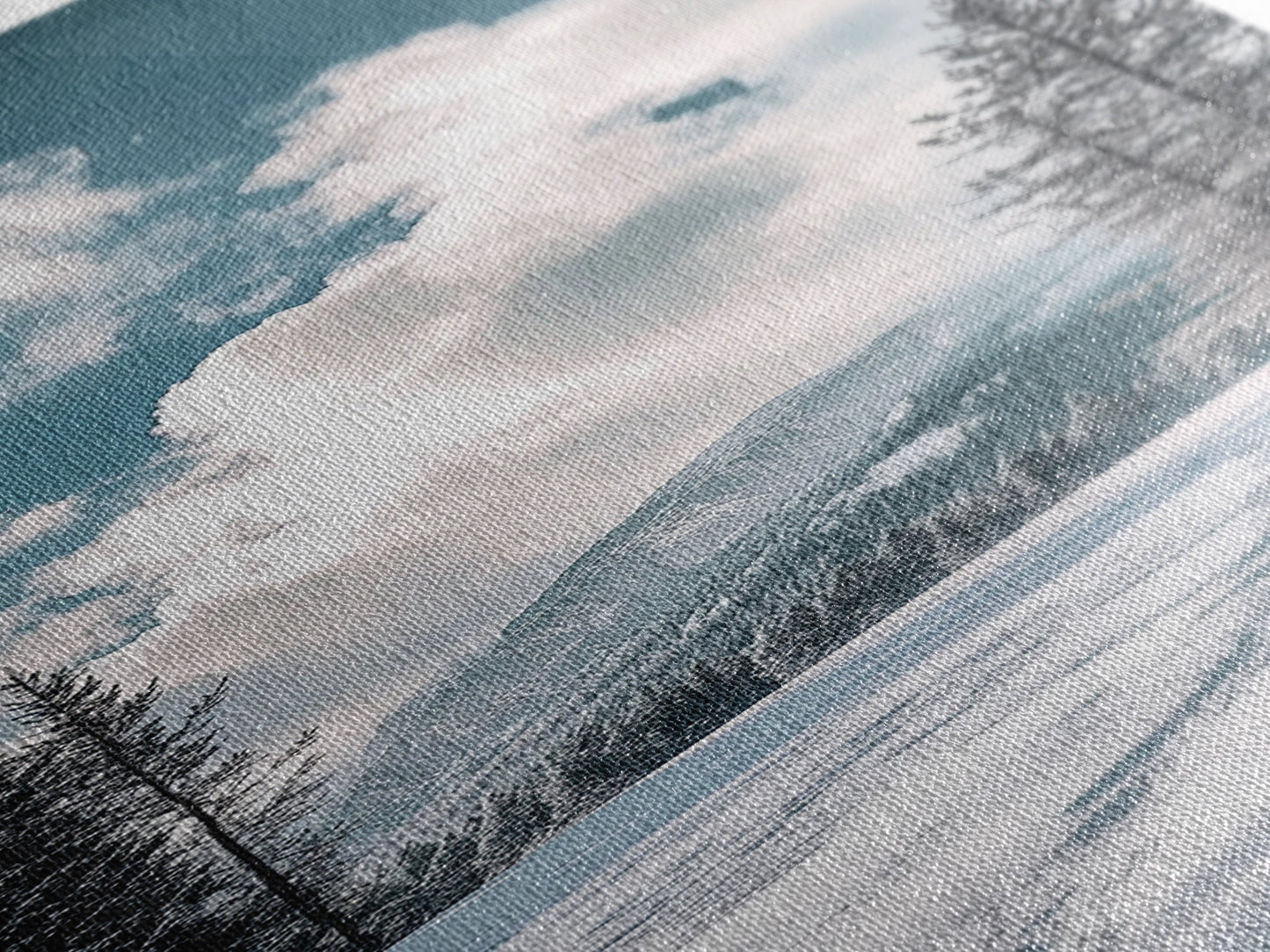 Winter Path, pine tree art, mountain painting, snowy landscape, rustic decor, minimalist art, Framed Canvas Print, vertical wall art