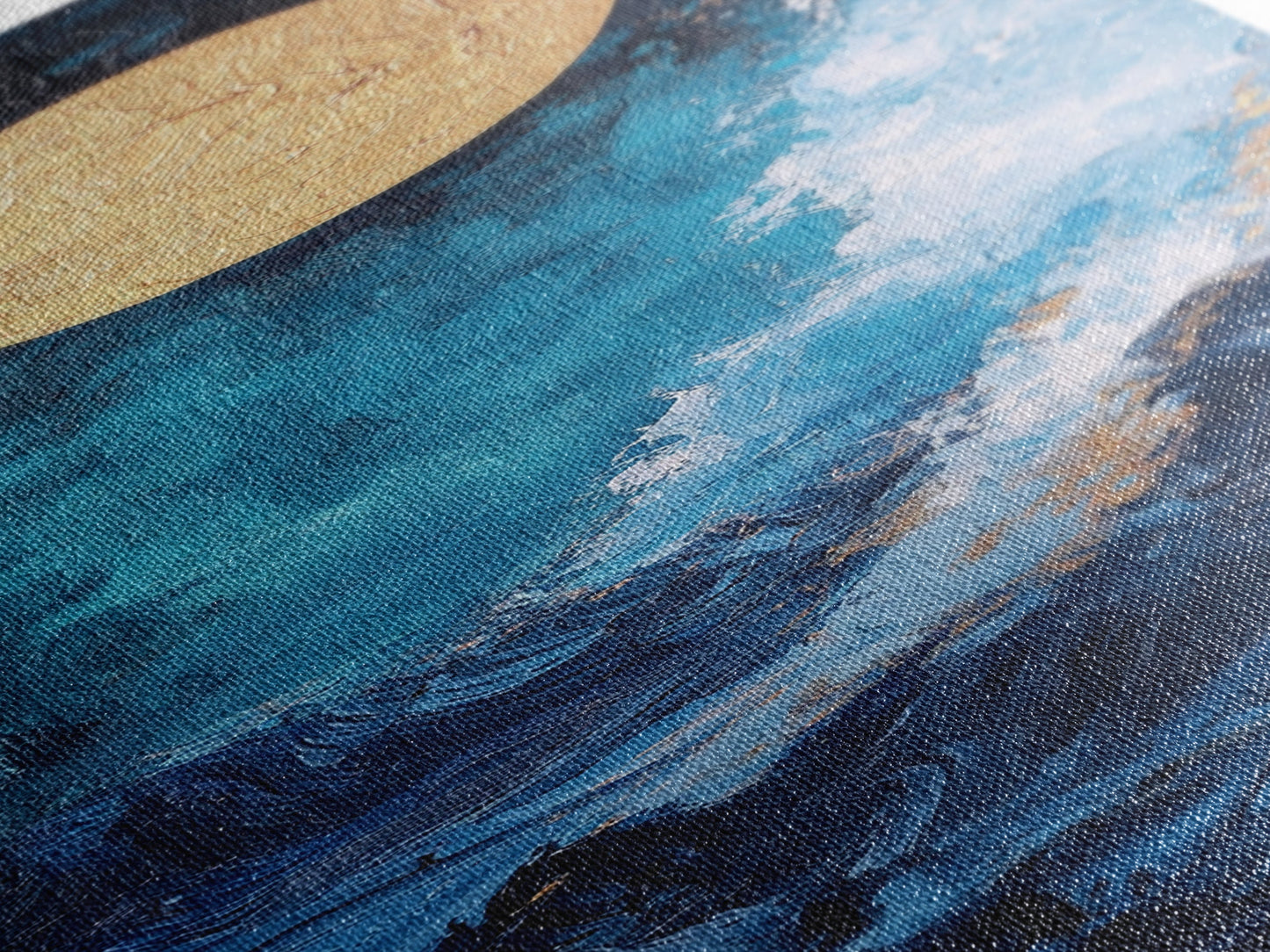 Golden Moon, crashing waves, nautical painting, moody art, coastal wall art, wabi sabi art, framed canvas print, ocean painting