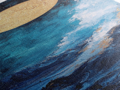 Golden Moon, crashing waves, nautical painting, moody art, coastal wall art, wabi sabi art, framed canvas print, ocean painting