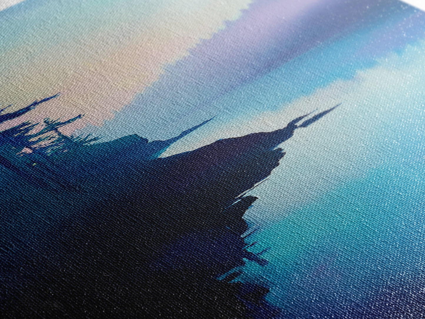 Misty Lake, forest at dusk painting, blue and green wall art, moody art, vertical wall art, pine tree art, framed canvas print