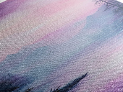 Misty Mountains, smoky mountain art, light pink wall art, framed canvas print, soft pastel art, pine tree art, above couch art