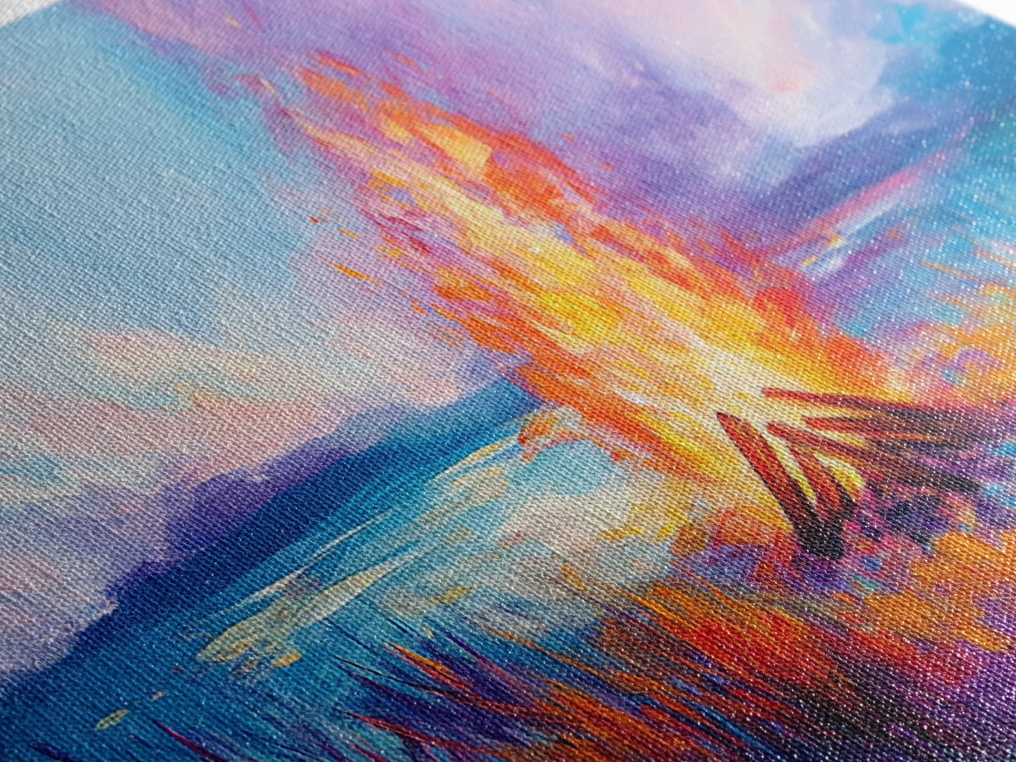 Lagerfeuer bei Sonnenuntergang, Küstenmotiv, Wandbild in Rosa und Orange, Extra breites Bild, Horizontales Wandbild, Gerahmter Leinwanddruck, Stimmungsvolle Kunst