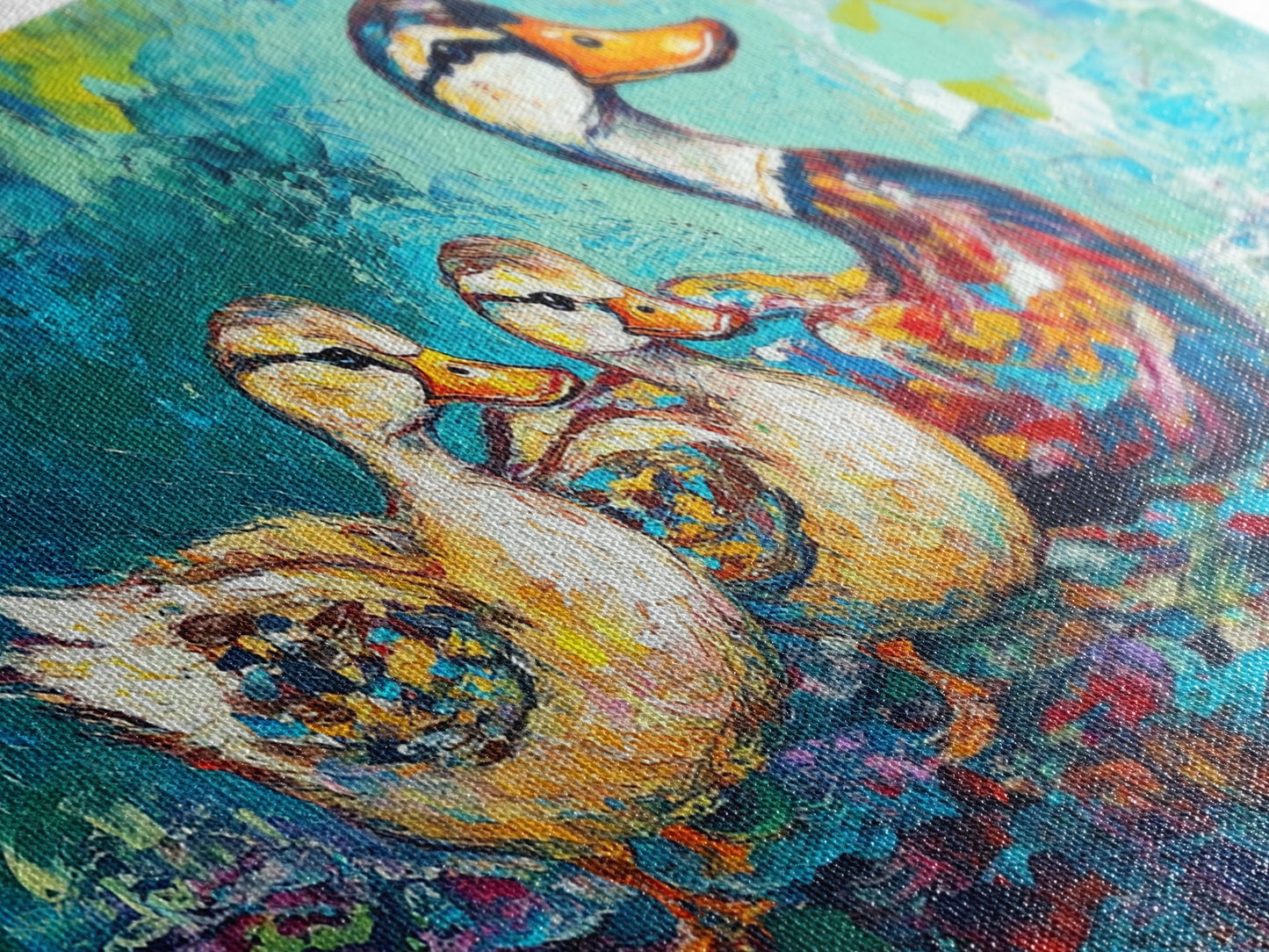 Entenfamilie, Vogelkunst, verspielte Kunst, türkisfarbene Wandbilder, Geschenkidee für sie, Landschaftsmalerei, extra breite Kunstwerke, gerahmter Leinwanddruck