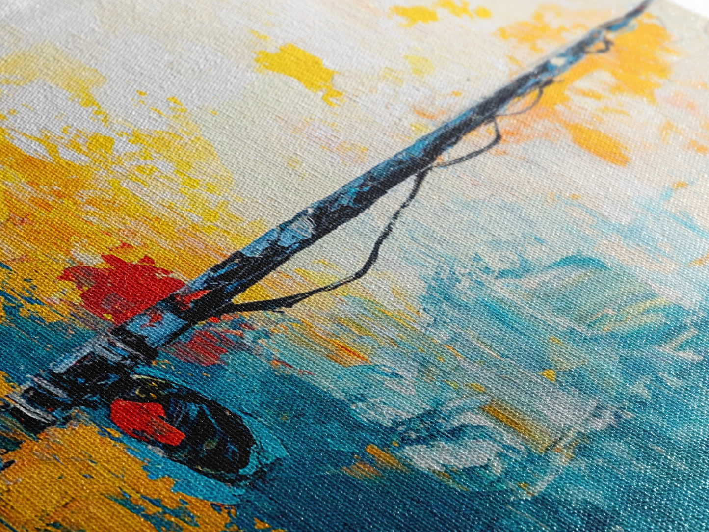 Fishing Rod, fly fishing art, nautical painting, coastal cowgirl wall art, rustic decor, blue and gold wall art, Framed Canvas Print