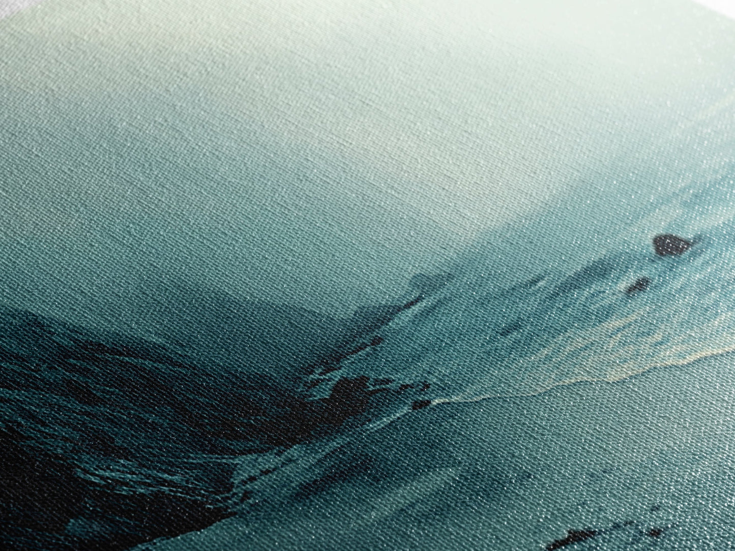 Nebelstrand, Küstenmotiv, maritime Malerei, stimmungsvolle Kunst, extrabreite Kunst, horizontale Wandkunst, Leinwanddruck, Schlafzimmerkunst