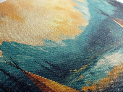 Teepee Camp, southwest wall art, landscape painting, mountain painting, rustic decor, moody art, Framed Canvas Print, panoramic painting