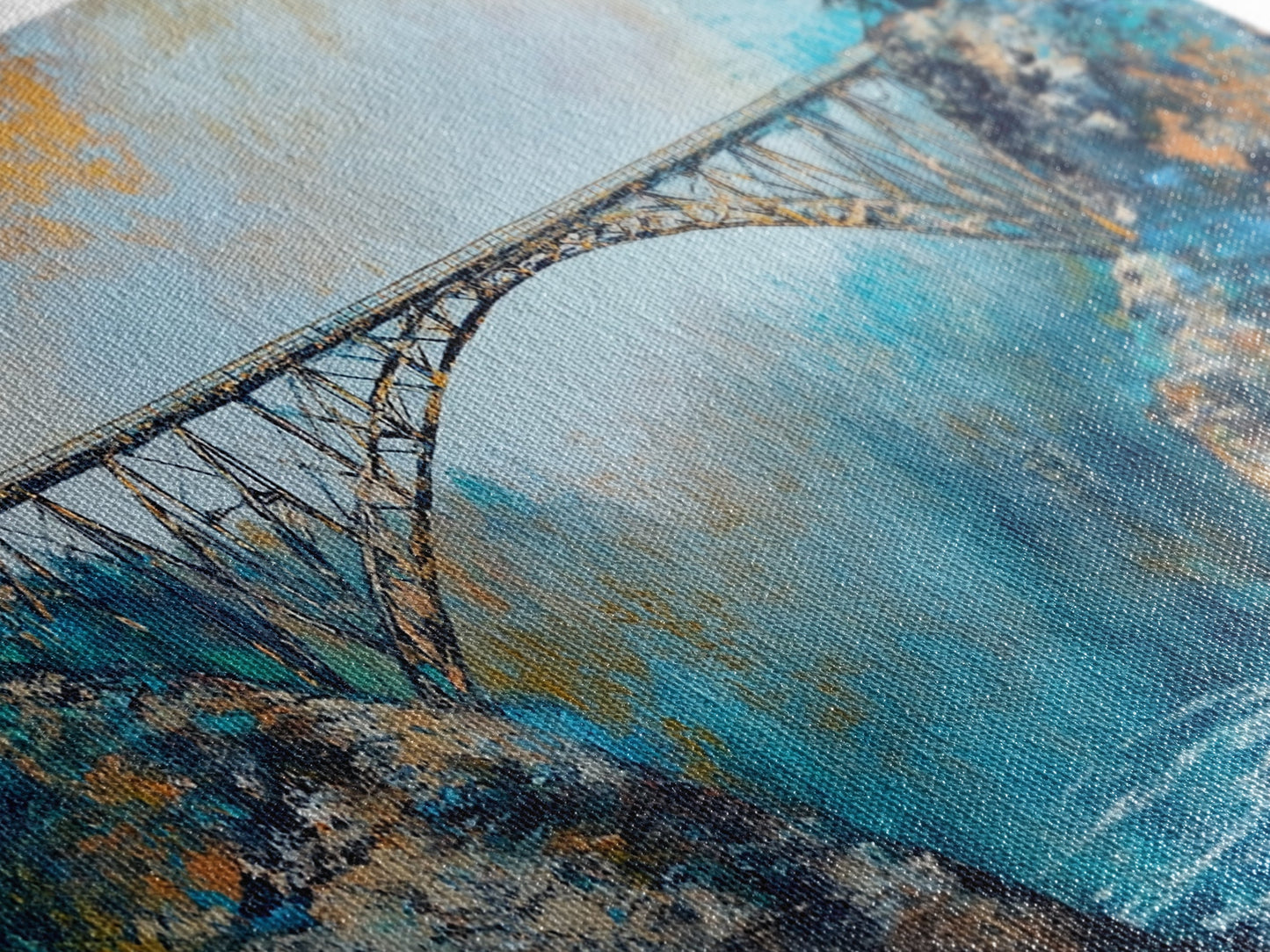 Stahlbrücke, Landschaftsmalerei, Berglandschaft, Panoramabild, gerahmter Leinwanddruck, Wandbild in Blau und Grün