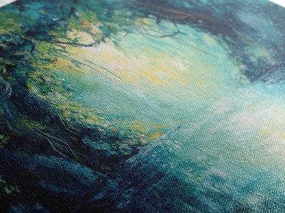 Mystischer Fluss, gerahmter Leinwanddruck, Landschaftsmalerei, stimmungsvolle Kunst, Wald in der Abenddämmerung, türkisfarbenes Wandbild, extra breites Bild