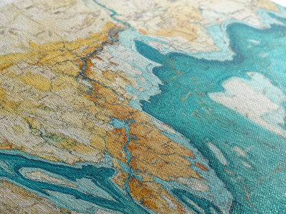 Abstract Map Art, Coastal Decor, Nautical Painting, Extra Wide Art, Framed Canvas Print, Blue and Green Wall Art