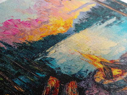 Campfire by Lake, Mountain Painting, Landscape Art, Moody Art, Framed Canvas Print, Above Sofa Art, Wabi Sabi Art, Rustic Decor