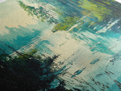 Tranquil lake, misty trees, landscape painting, extra wide art, wabi sabi art, minimalist art, framed canvas print, above couch art