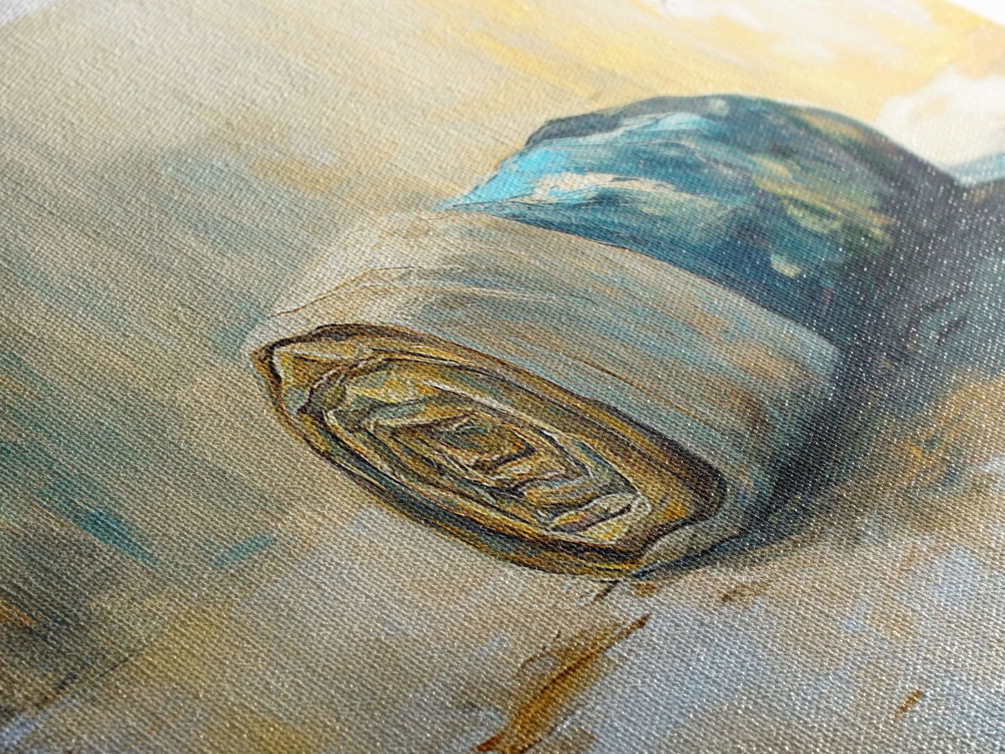 Gerollter Stoff, Ölgemälde nach Foto, rustikale Dekoration, Landhauskunst, Wabi-Sabi-Kunst, gerahmter Leinwanddruck, horizontale Wanddekoration, Geschenkidee